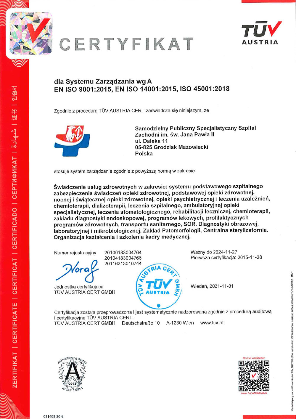Certyfikat dla Systemu Zarządzania wg EN ISO 9001:2015, EN ISO 14001:2015, ISO 45001:2018 – miniatura certyfikatu - powiększ zdjęcie