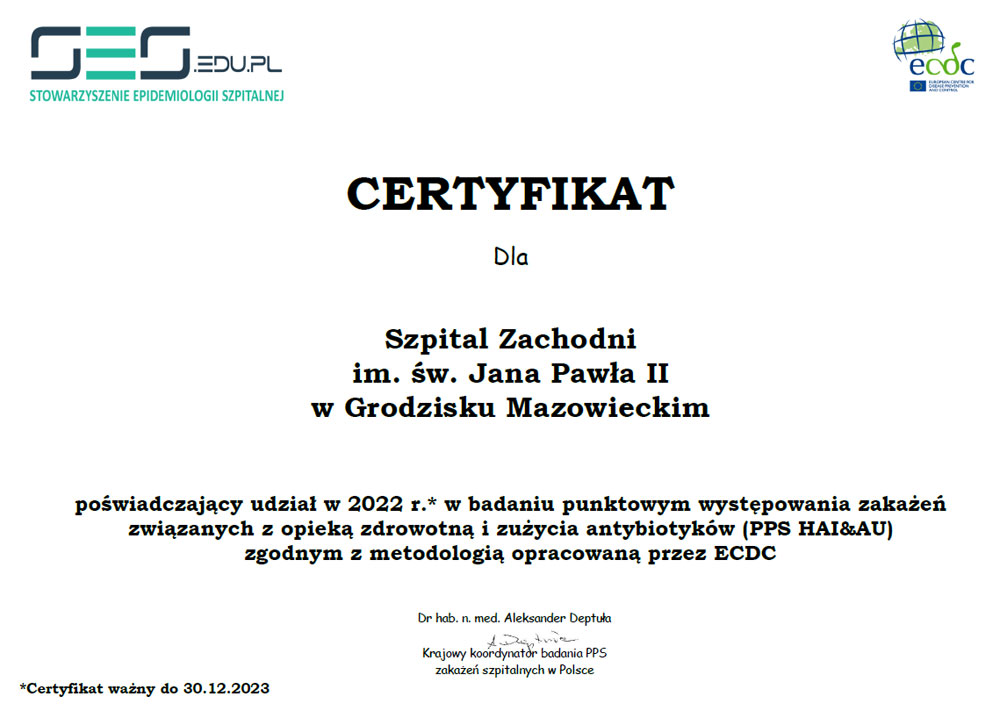 Certyfikat poświadczający udział w 2022 r. w badaniu punktowym występowania zakażeń związanych z opieką zdrowotną i zużycia antybiotyków zgodnym z metodologią opracowaną przez ECDC – miniatura certyfikatu - powiększ zdjęcie